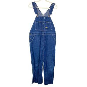 Vintage‎ OshKosh 38x23 Blue Denim Adult Overalls Hemmed Made in USA Vestback